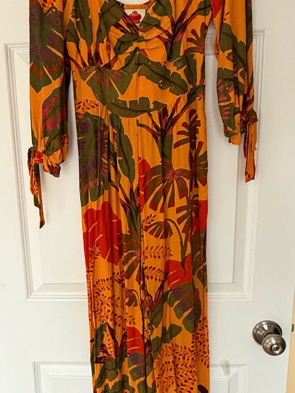 FARM Rio Mustard Orange Tropical Print Long Jumpsuit with Green Leaves